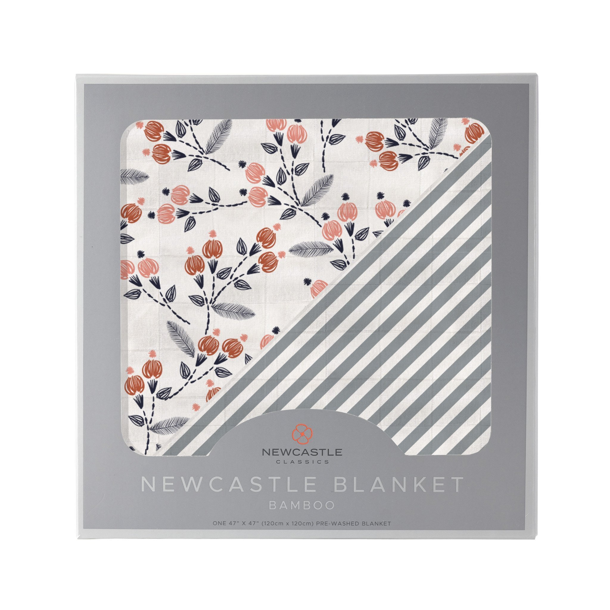 Dahlia Floral and Finley Stripe Bamboo Muslin Newcastle Blanket, showcasing its soft texture and stylish design.