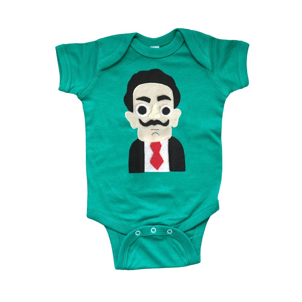 Dali Infant Bodysuit in Kelly Green featuring a whimsical mustache design, handmade and hand-stitched with love.