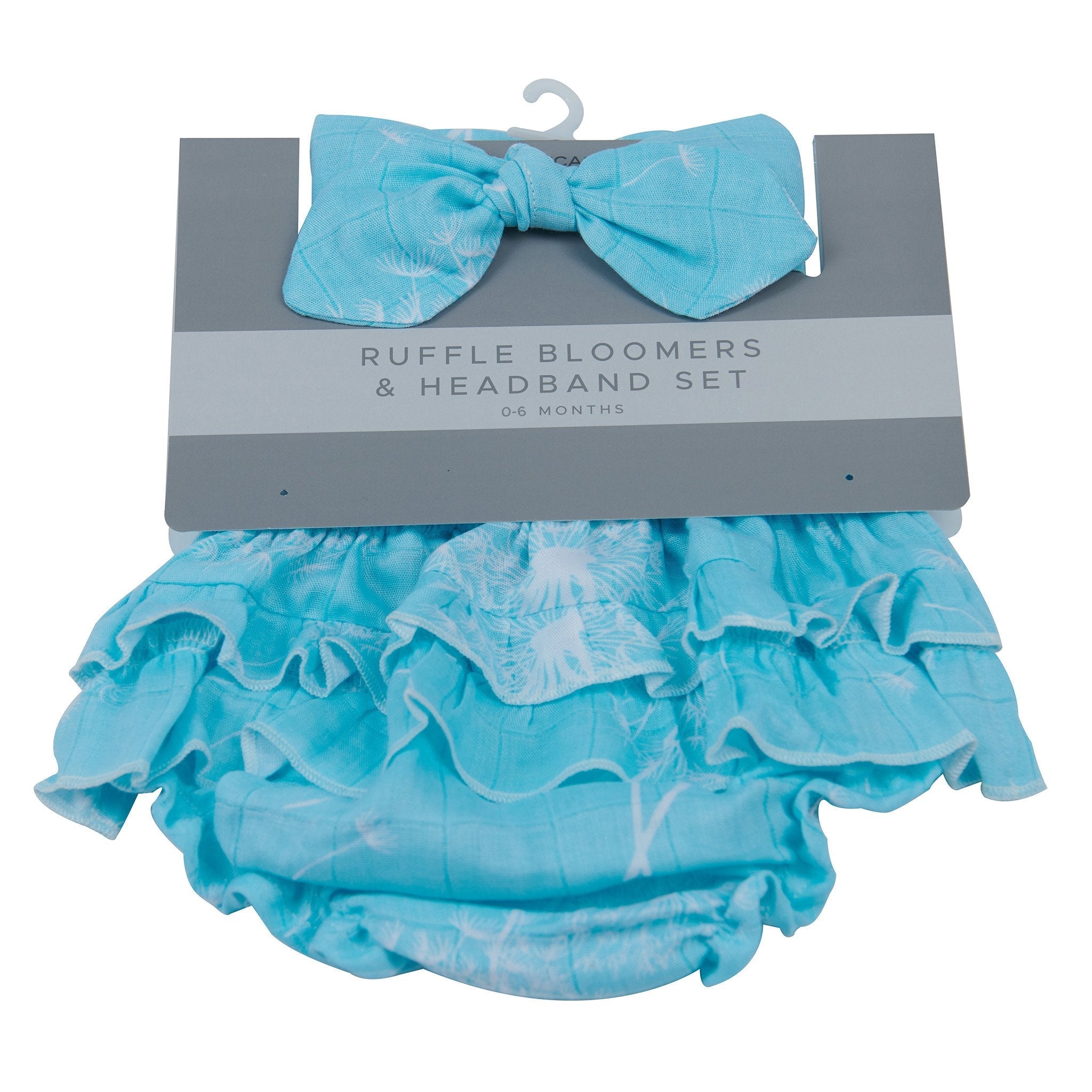 Dandelion Seeds Ruffle Bamboo Bloomer Headband Set featuring soft bamboo fabric, ruffled bloomers, and a matching headband for infants.