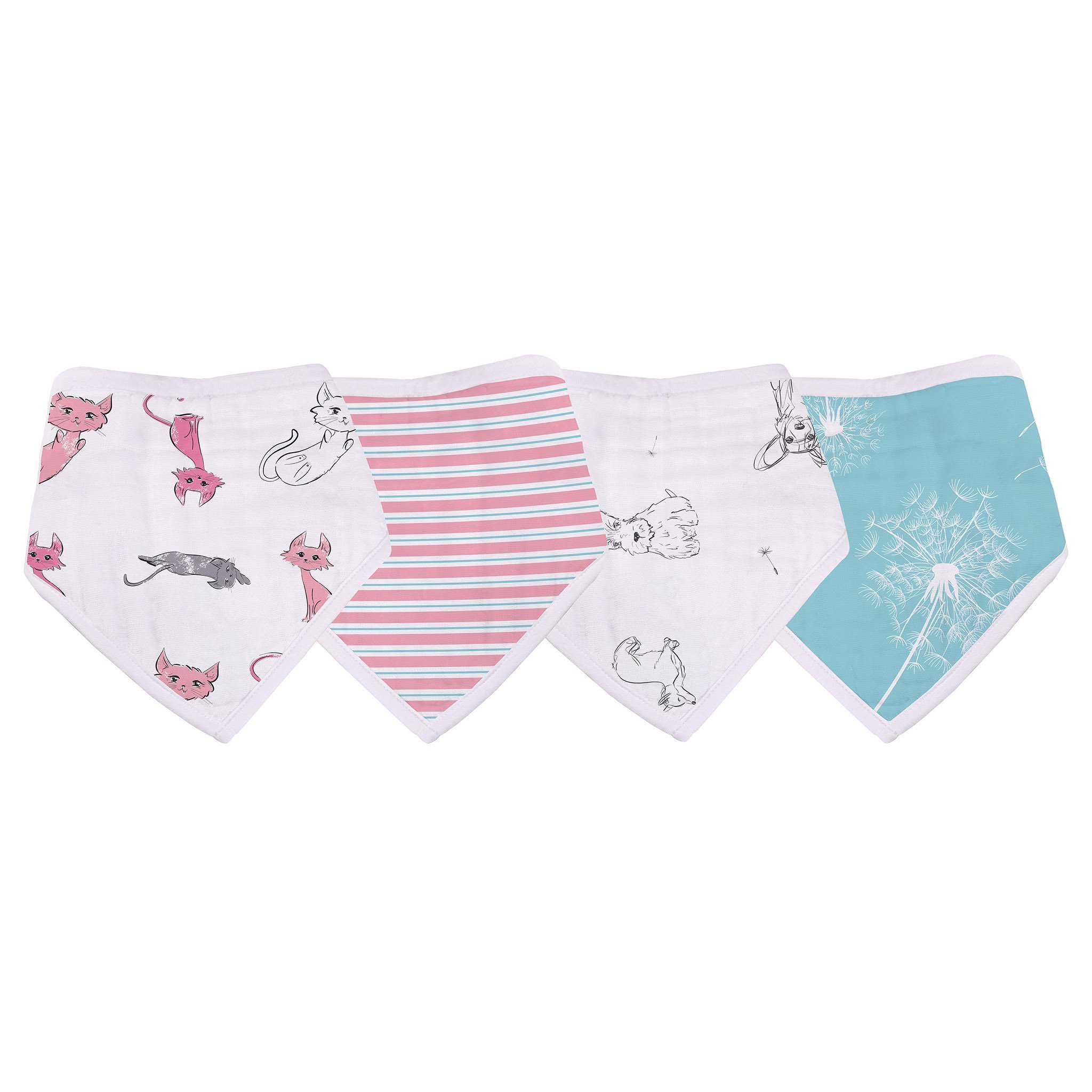 Dandelions Bamboo Bandana Bibs 4PK featuring soft, absorbent bamboo muslin in stylish designs with snap closures.