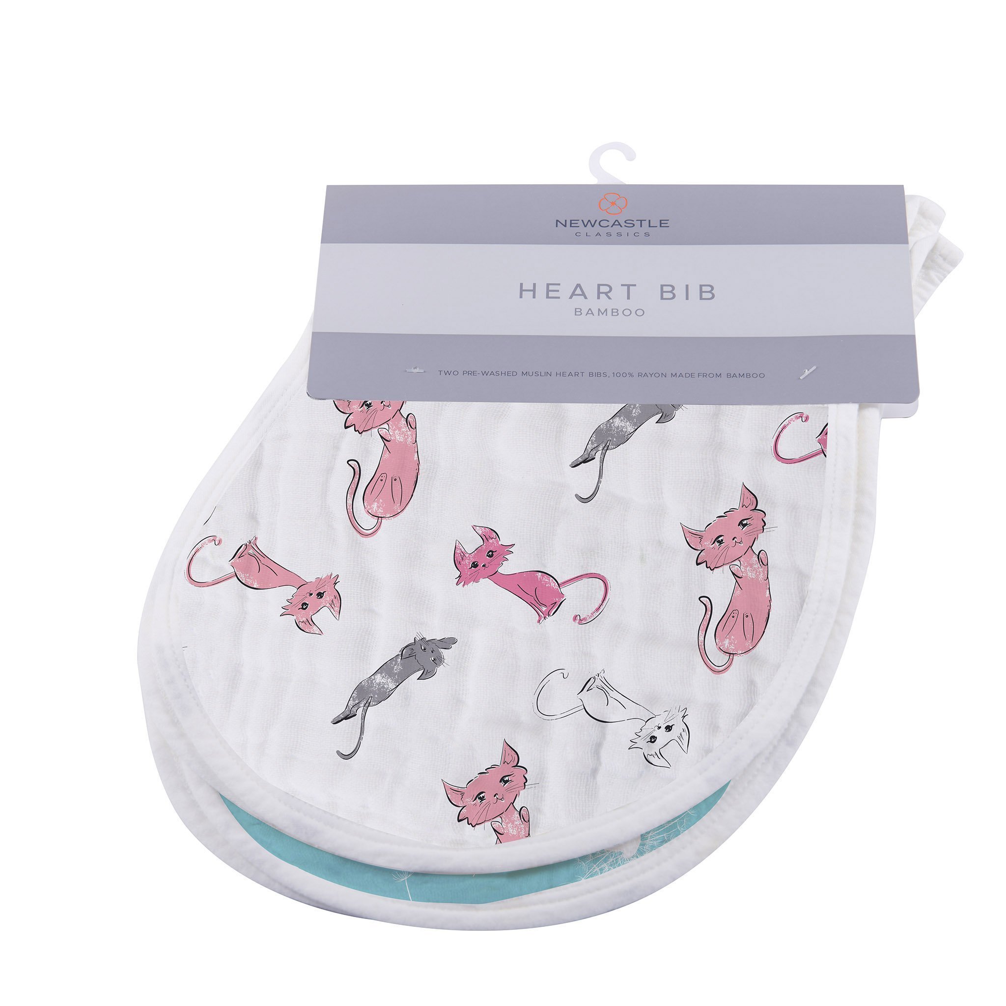 Dandelions Bamboo Heart Bib 2PK featuring soft bamboo muslin fabric with a stylish heart design and snap closure.