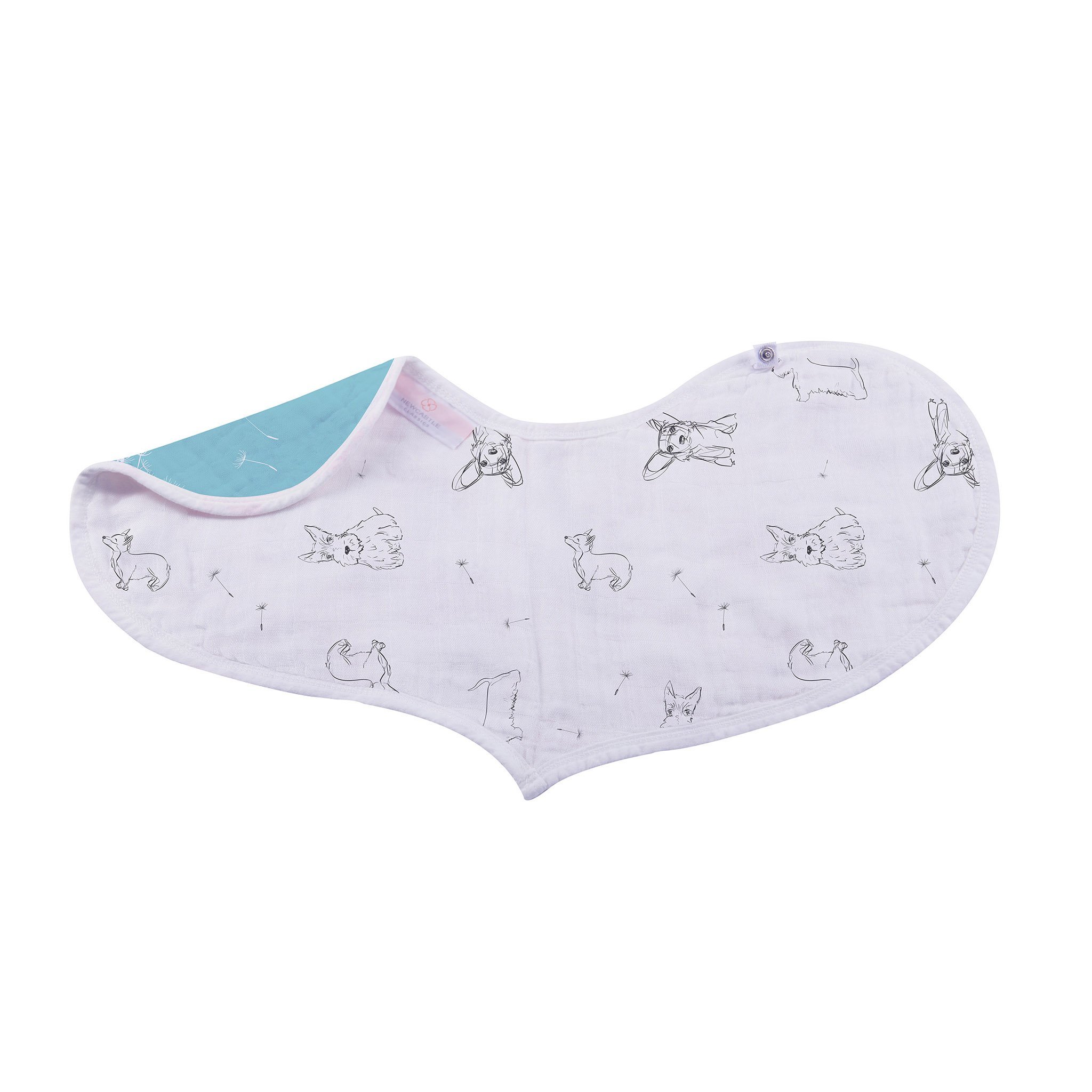 Dandelions Bamboo Heart Bib 2PK featuring soft bamboo muslin fabric with a stylish heart design and snap closure.