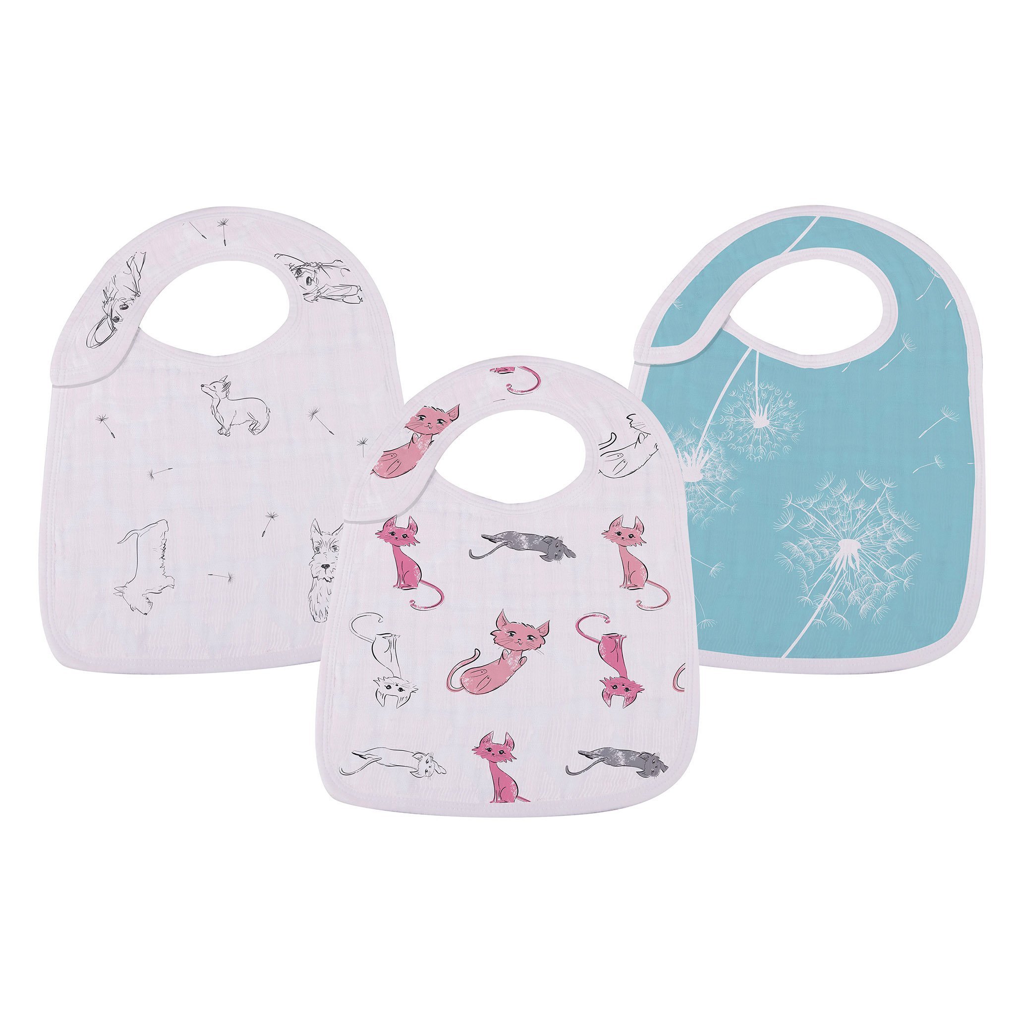 Dandelions Bamboo Muslin Snap Bibs 3PK featuring soft, absorbent fabric and three snap closures for a perfect fit.