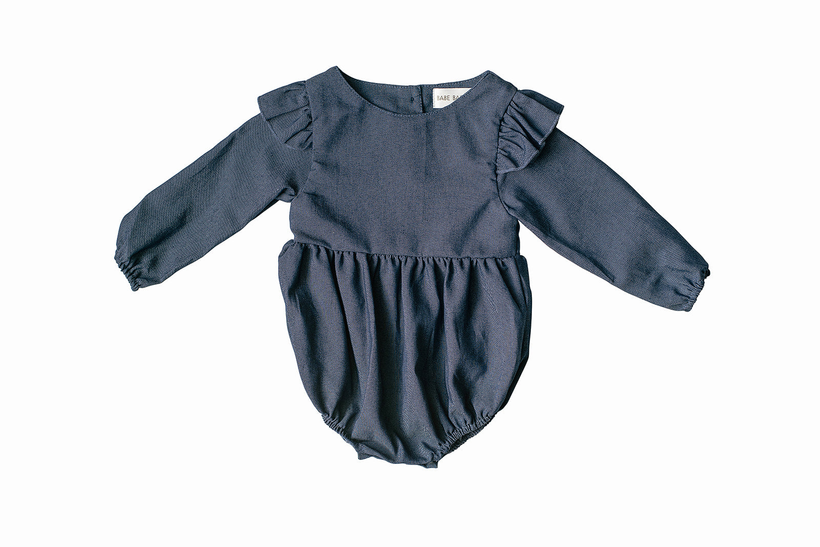 A stylish Denim Flutter Sleeve Romper for babies, featuring soft denim fabric and flutter sleeves, perfect for special occasions.