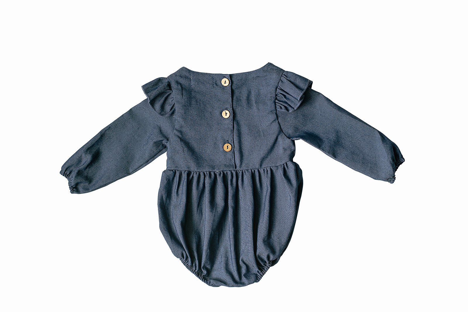 A stylish Denim Flutter Sleeve Romper for babies, featuring soft denim fabric and flutter sleeves, perfect for special occasions.