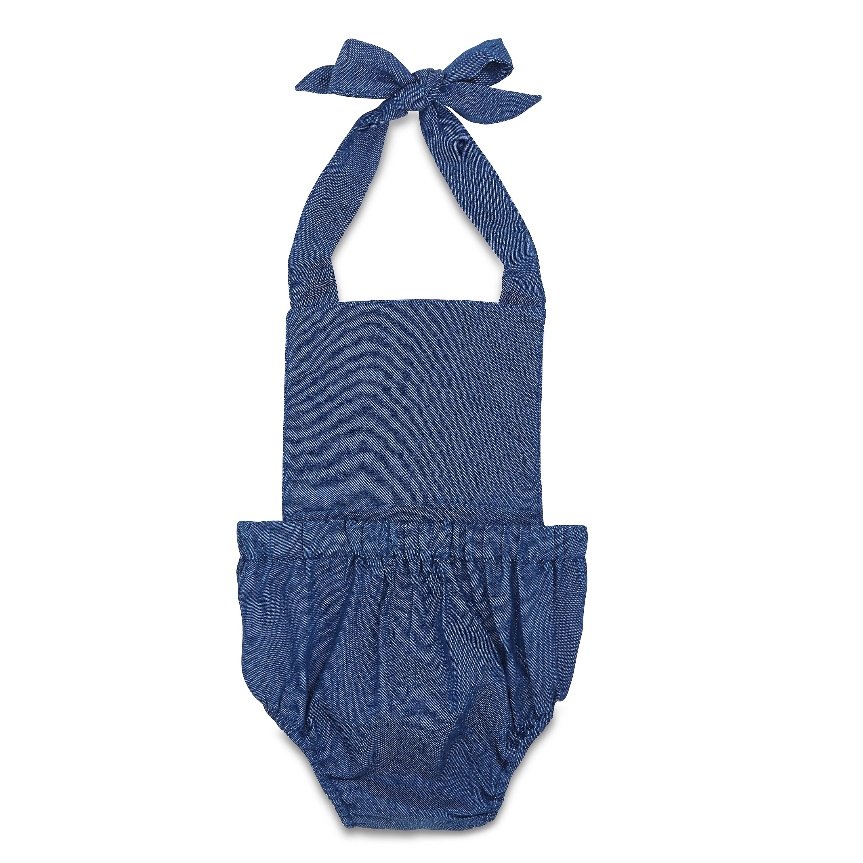 A stylish denim halter romper for babies, featuring easy diaper snaps and a trendy design, perfect for any occasion.