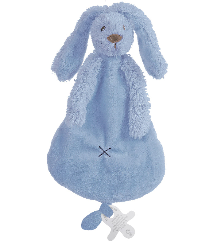 Deep Blue Rabbit Richie Tuttle by Happy Horse, a soft cuddle cloth with long ears and arms, perfect for children to hold and snuggle.