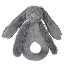 Deep grey Rabbit Richie rattle by Happy Horse, soft and cuddly with a gentle rattling sound, perfect for infants.