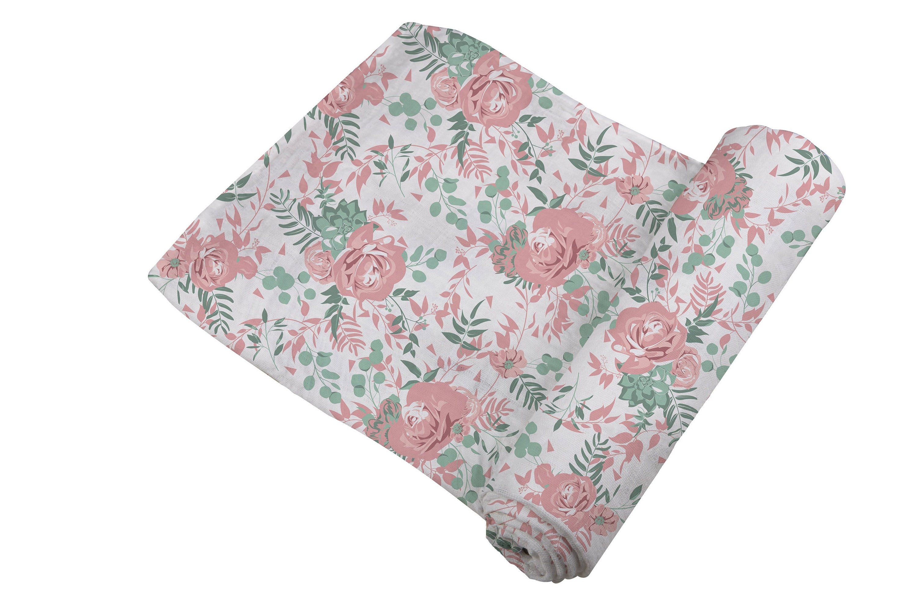 Desert Rose Swaddle made of soft, breathable 100% natural cotton muslin, featuring a beautiful floral design.