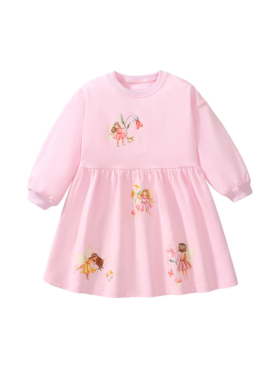 A pink crew neck long sleeves top featuring a cartoon fairy pattern, designed for girls aged 12 months to 10 years.