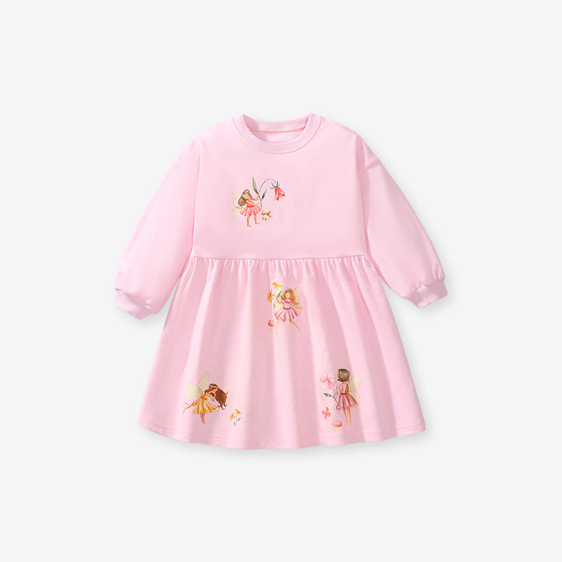 A pink crew neck long sleeves top featuring a cartoon fairy pattern, designed for girls aged 12 months to 10 years.