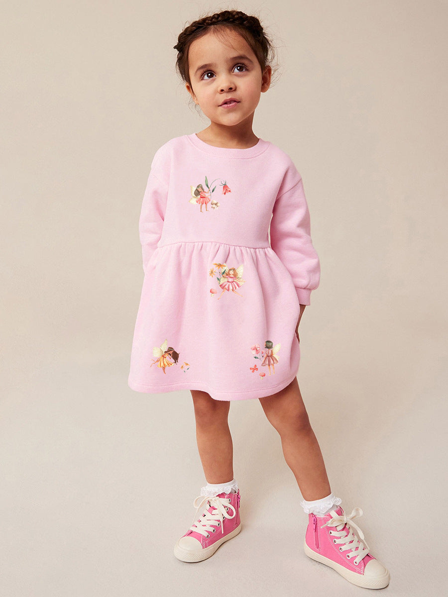 A pink crew neck long sleeves top featuring a cartoon fairy pattern, designed for girls aged 12 months to 10 years.