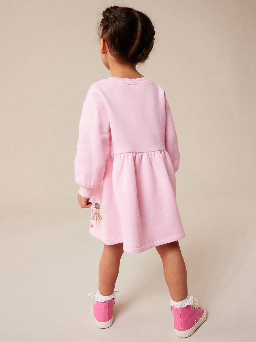 A pink crew neck long sleeves top featuring a cartoon fairy pattern, designed for girls aged 12 months to 10 years.