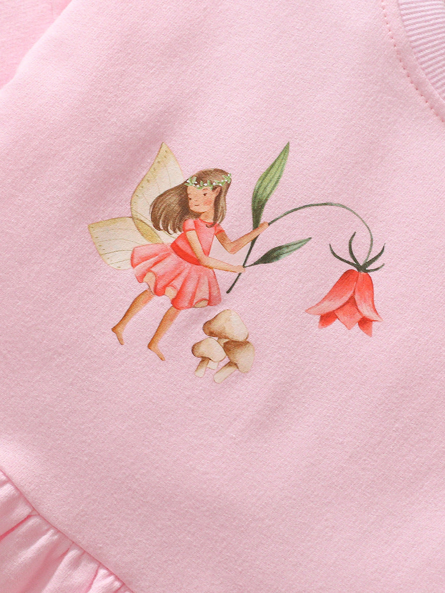 A pink crew neck long sleeves top featuring a cartoon fairy pattern, designed for girls aged 12 months to 10 years.