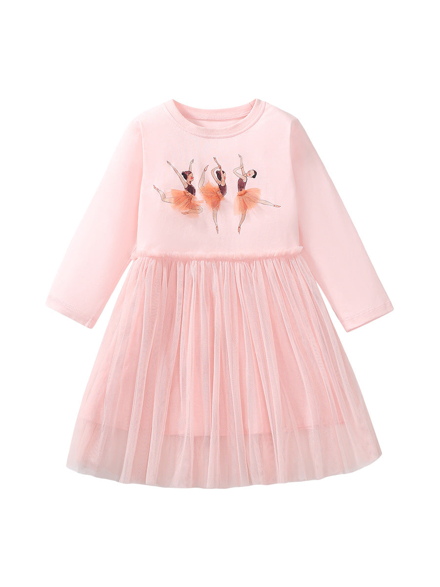 A pink long sleeve top featuring a cartoon dancer pattern, perfect for girls aged 12 months to 10 years.