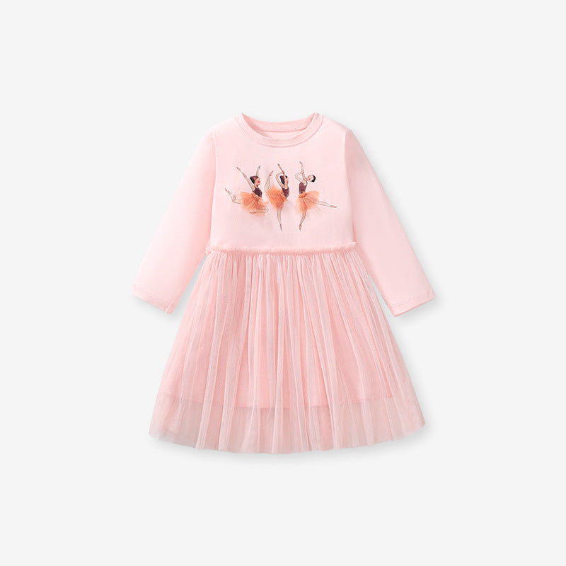 A pink long sleeve top featuring a cartoon dancer pattern, perfect for girls aged 12 months to 10 years.