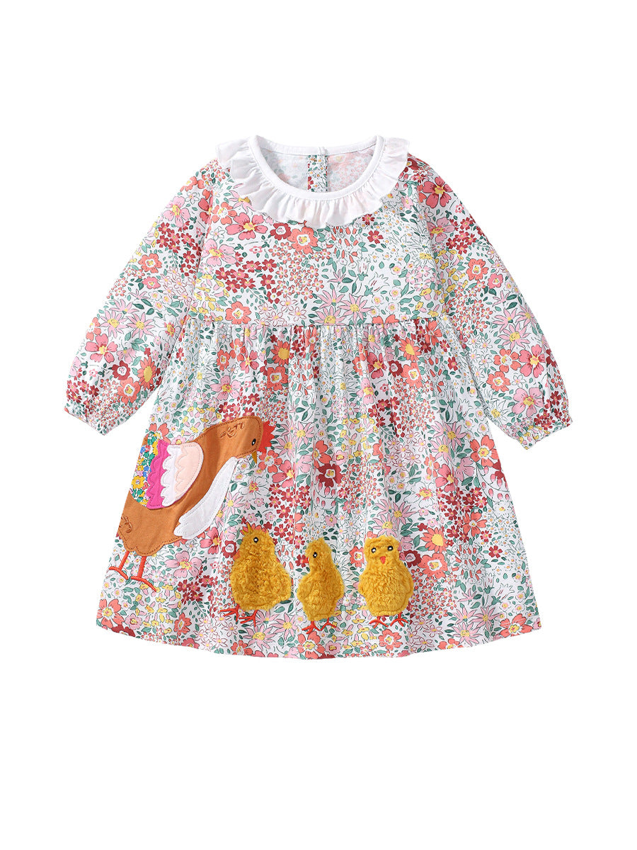 Colorful autumn dress for girls featuring floral and chicks pattern with a ruffle collar.