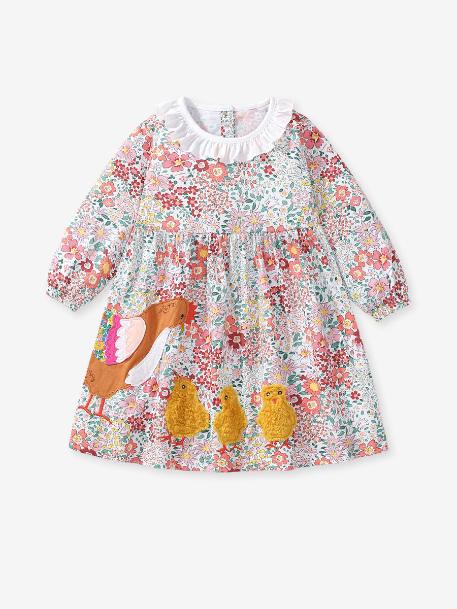 Colorful autumn dress for girls featuring floral and chicks pattern with a ruffle collar.