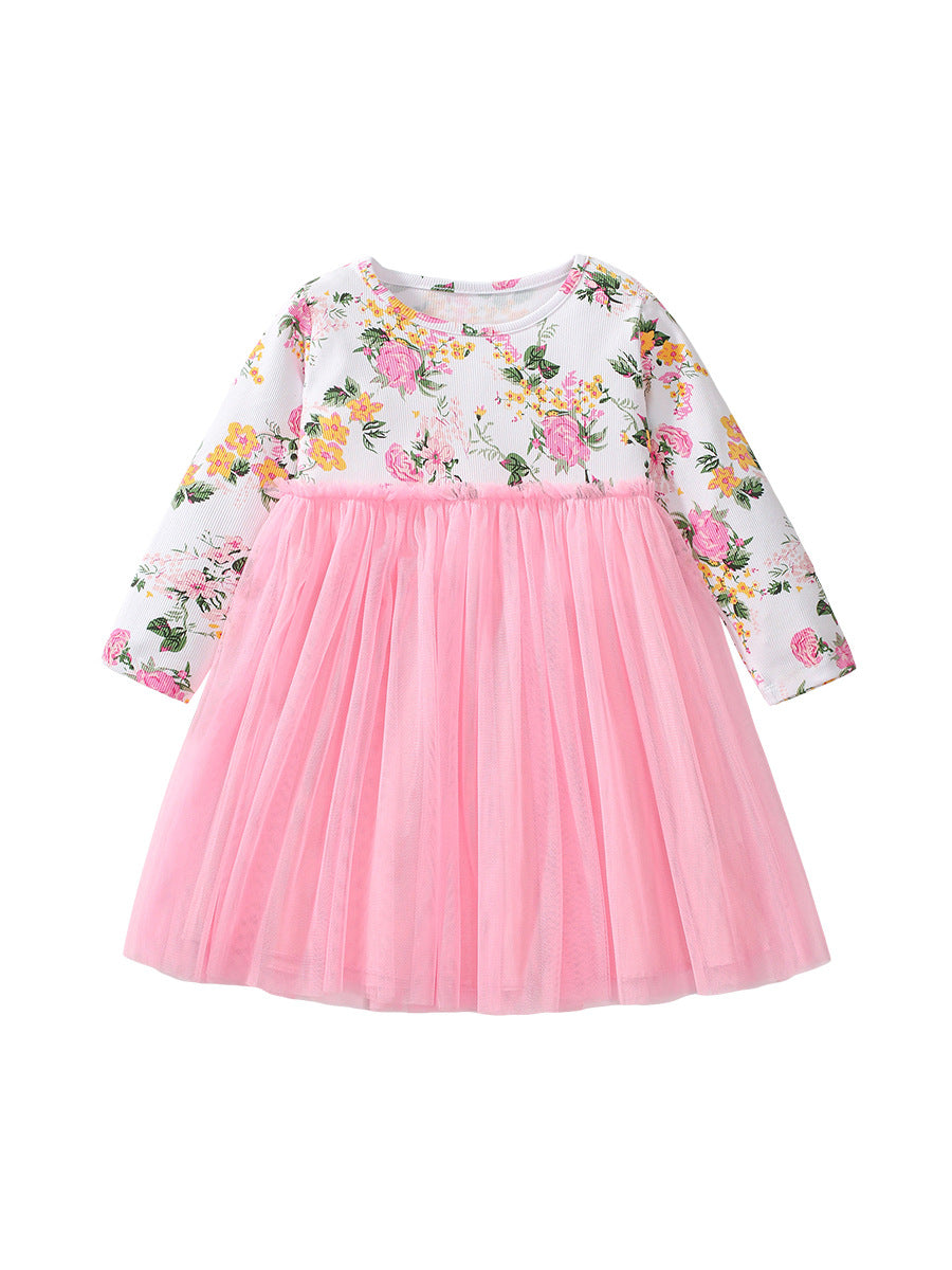 A pink tulle dress for girls featuring a floral pattern, long sleeves, and a crew neck, perfect for autumn and spring seasons.