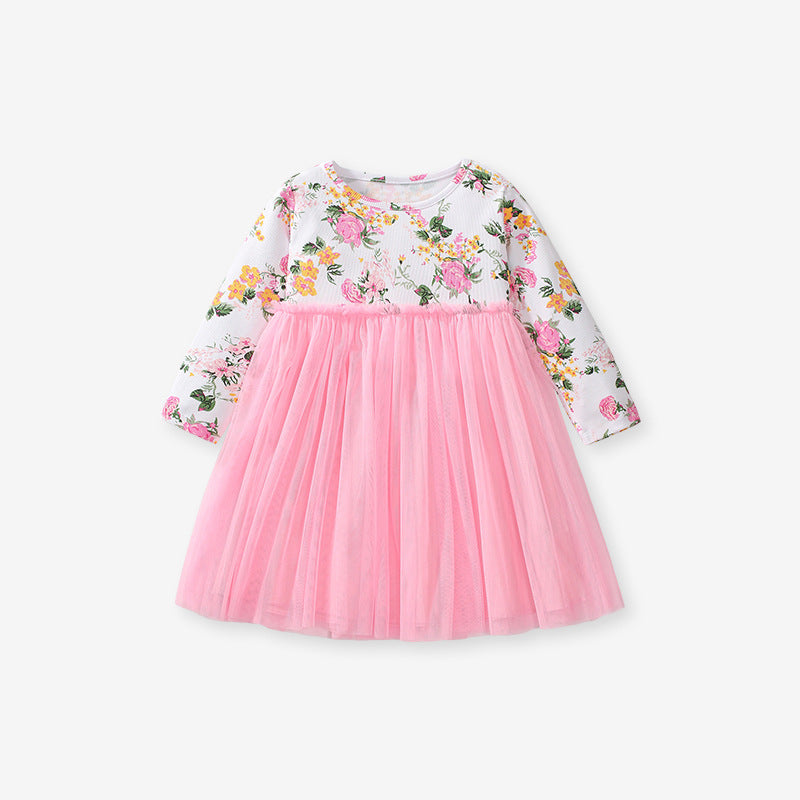 A pink tulle dress for girls featuring a floral pattern, long sleeves, and a crew neck, perfect for autumn and spring seasons.