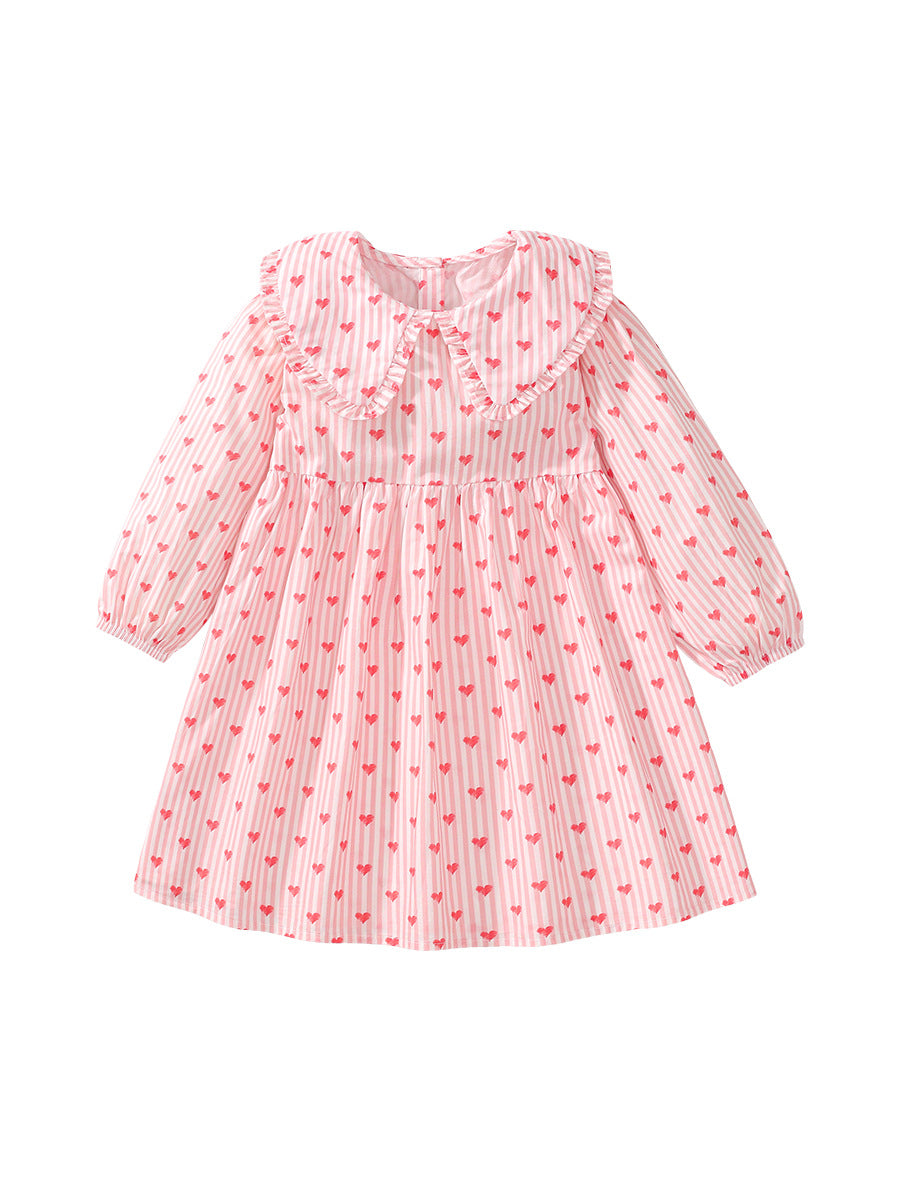 Design Autumn Girls Striped and Heart Pattern Preppy Collar Long in pink cotton, featuring a stylish heart pattern and preppy collar.