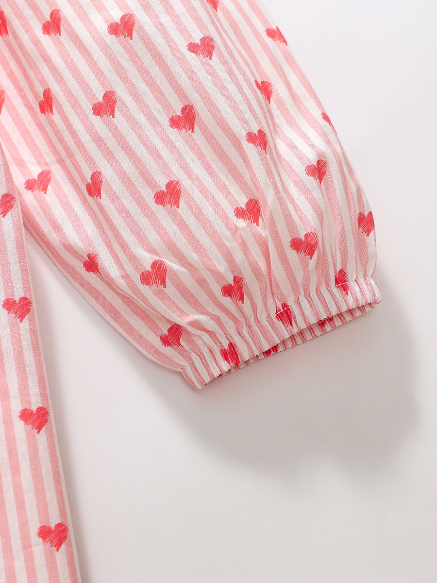 Design Autumn Girls Striped and Heart Pattern Preppy Collar Long in pink cotton, featuring a stylish heart pattern and preppy collar.