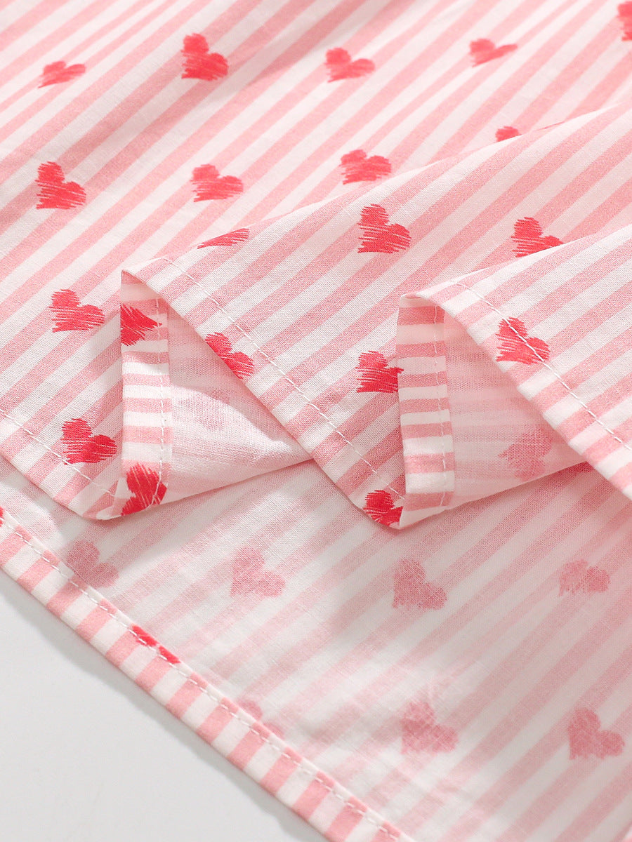 Design Autumn Girls Striped and Heart Pattern Preppy Collar Long in pink cotton, featuring a stylish heart pattern and preppy collar.