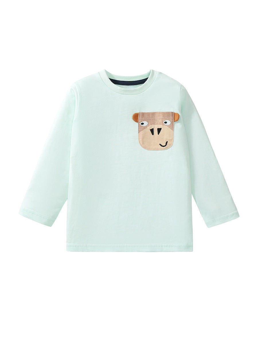 A vibrant green long-sleeve shirt featuring cartoon animal patterns, perfect for kids in spring and autumn.