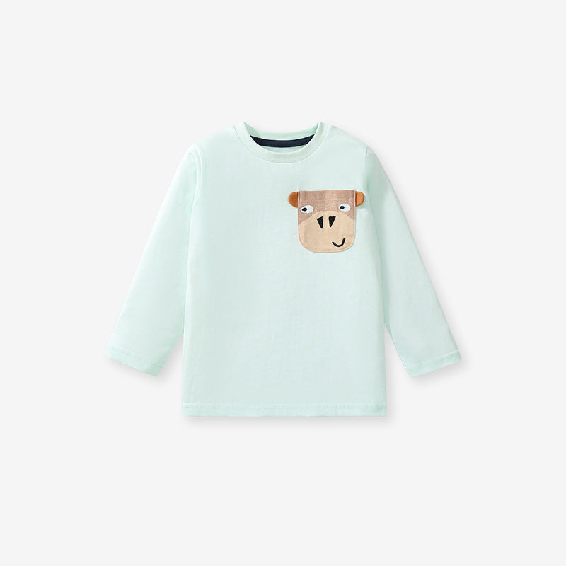 A vibrant green long-sleeve shirt featuring cartoon animal patterns, perfect for kids in spring and autumn.