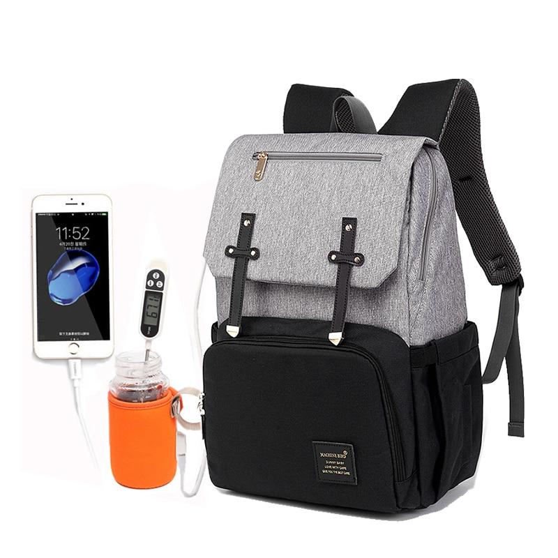 Stylish Diaper Bag Mummy Daddy Backpack in grey and black, featuring waterproof Oxford material and USB charging capability.