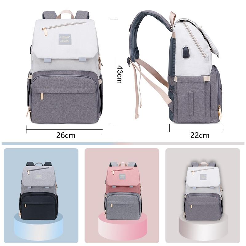 Stylish Diaper Bag Mummy Daddy Backpack in grey and black, featuring waterproof Oxford material and USB charging capability.