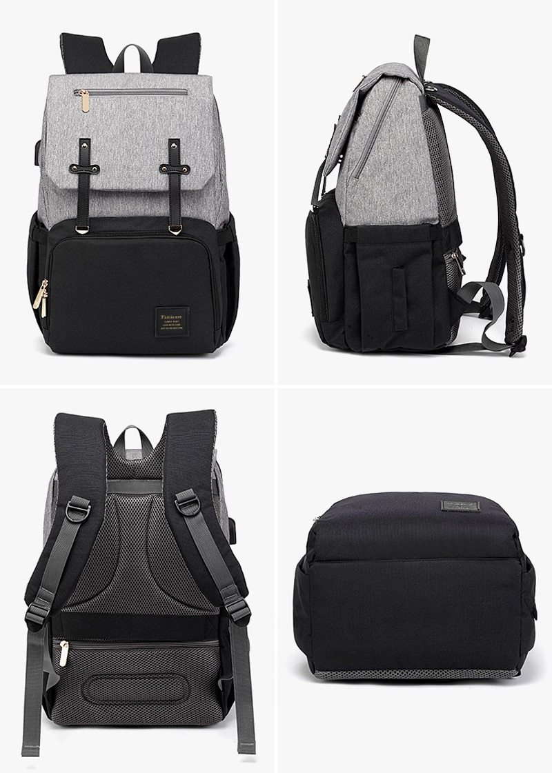 Stylish Diaper Bag Mummy Daddy Backpack in grey and black, featuring waterproof Oxford material and USB charging capability.