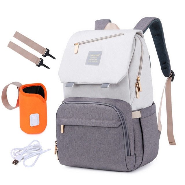 Stylish Diaper Bag Mummy Daddy Backpack in grey and black, featuring waterproof Oxford material and USB charging capability.