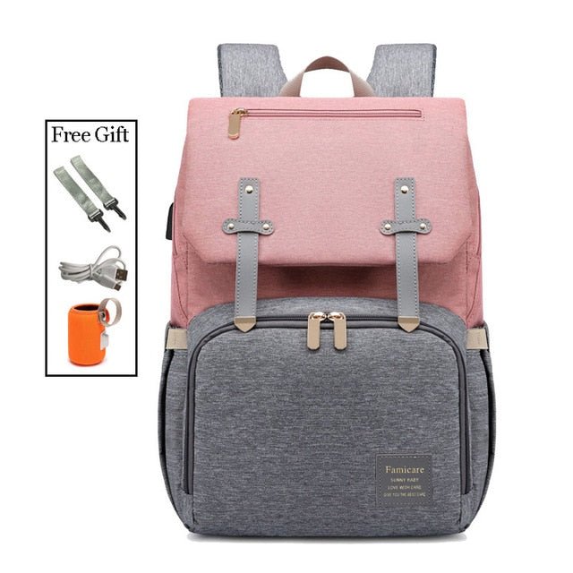 Stylish Diaper Bag Mummy Daddy Backpack in grey and black, featuring waterproof Oxford material and USB charging capability.