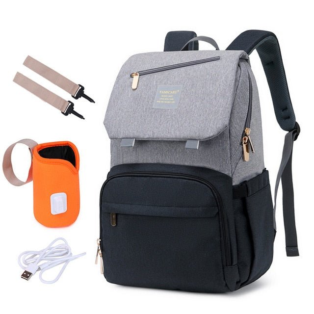 Stylish Diaper Bag Mummy Daddy Backpack in grey and black, featuring waterproof Oxford material and USB charging capability.