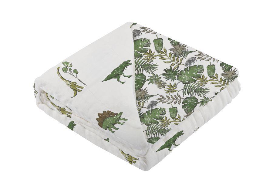 Dino Days and Jurassic Forest Newcastle Blanket featuring colorful dinosaur designs on soft cotton muslin fabric, perfect for kids.