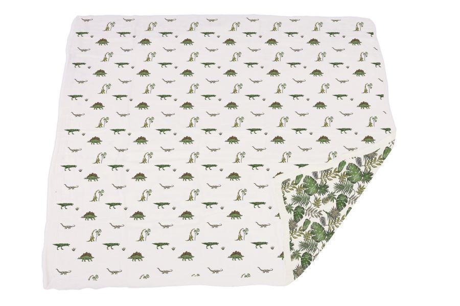 Dino Days and Jurassic Forest Newcastle Blanket featuring colorful dinosaur designs on soft cotton muslin fabric, perfect for kids.