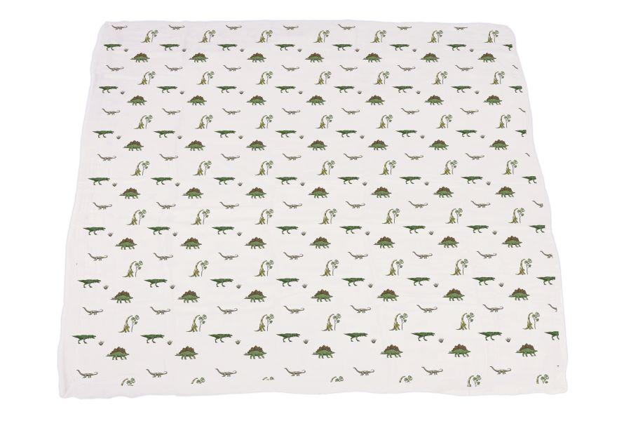 Dino Days and Jurassic Forest Newcastle Blanket featuring colorful dinosaur designs on soft cotton muslin fabric, perfect for kids.