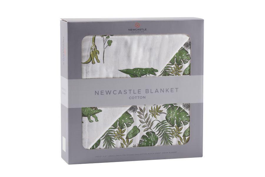 Dino Days and Jurassic Forest Newcastle Blanket featuring colorful dinosaur designs on soft cotton muslin fabric, perfect for kids.