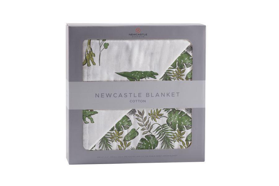 Dino Days and Jurassic Forest Newcastle Blanket featuring colorful dinosaur designs on soft cotton muslin fabric, perfect for kids.