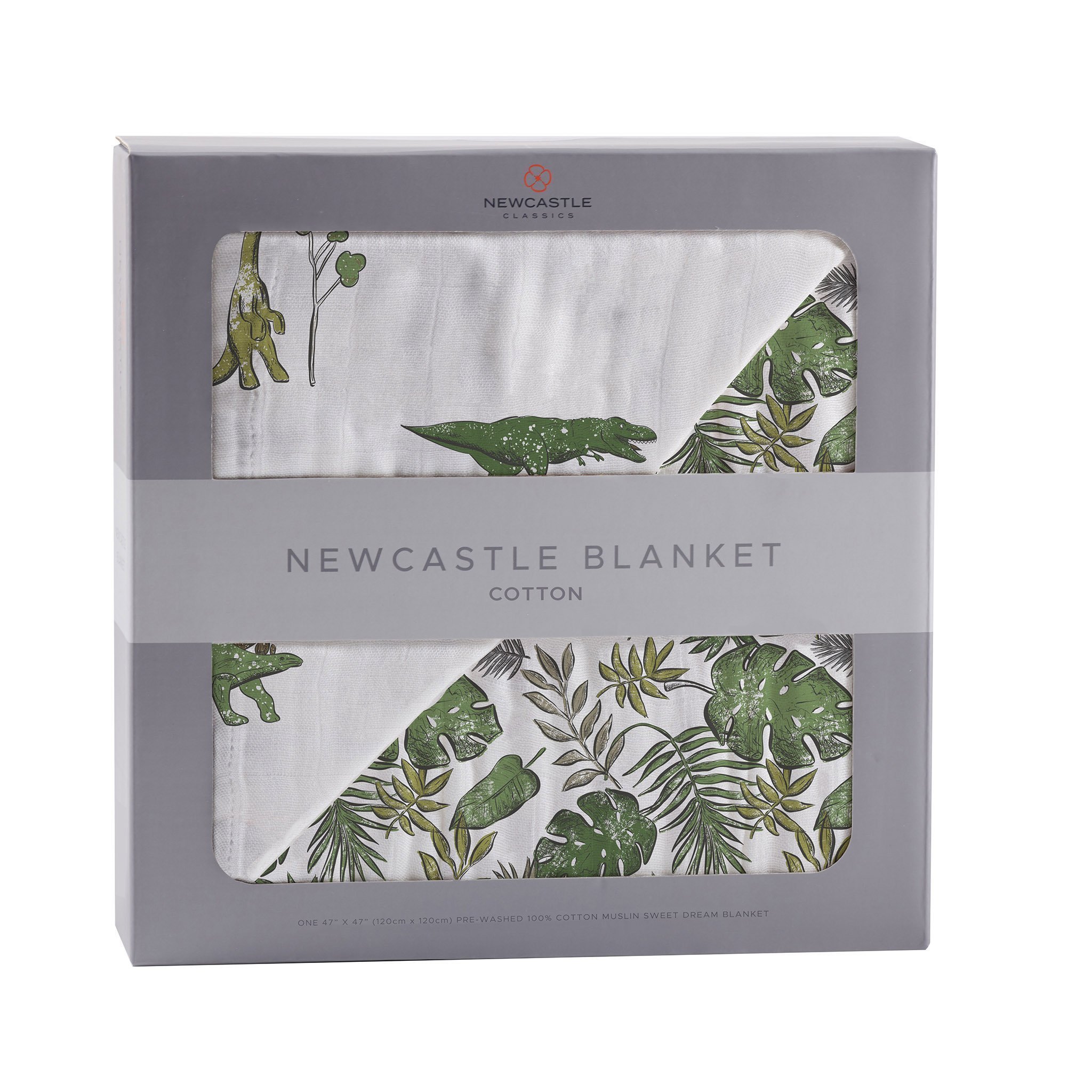 Dino Days and Tropical Forest Newcastle Blanket featuring vibrant dinosaur and tropical forest designs, made from soft natural cotton muslin.