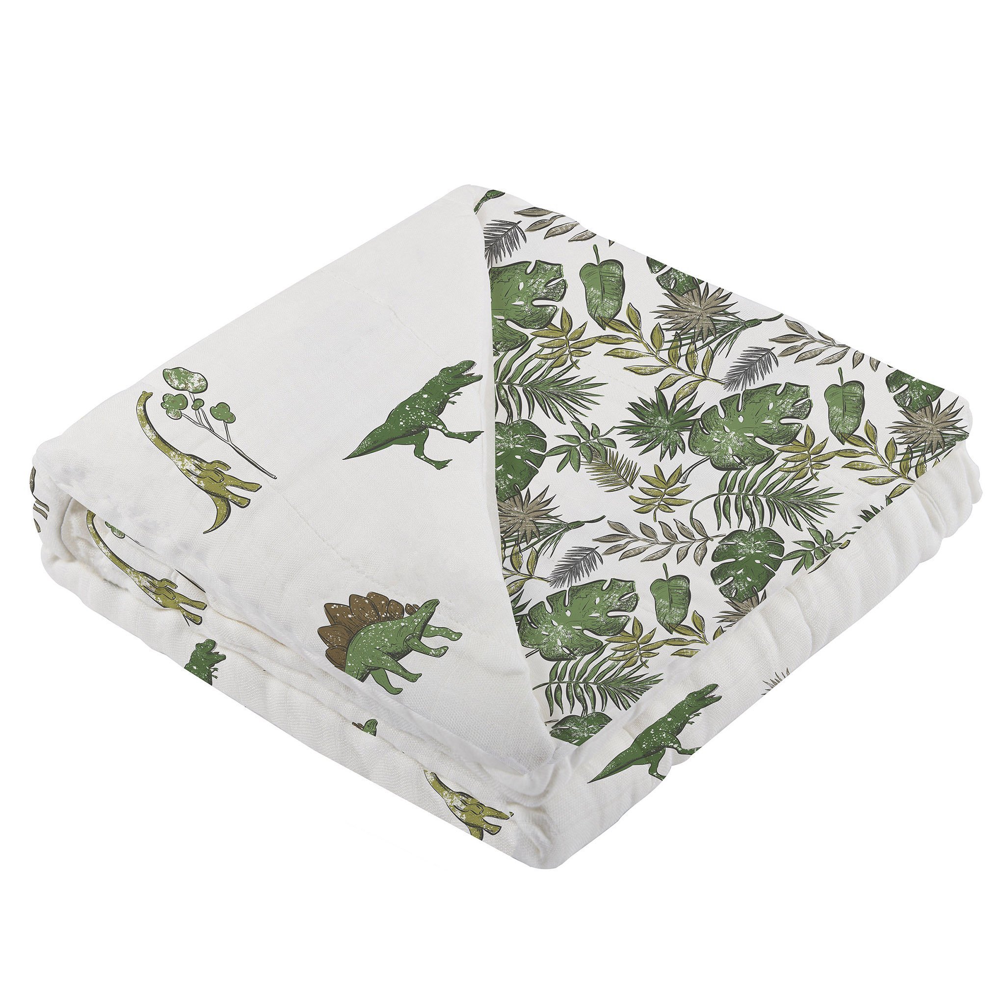 Dino Days and Tropical Forest Newcastle Blanket featuring vibrant dinosaur and tropical forest designs, made from soft natural cotton muslin.