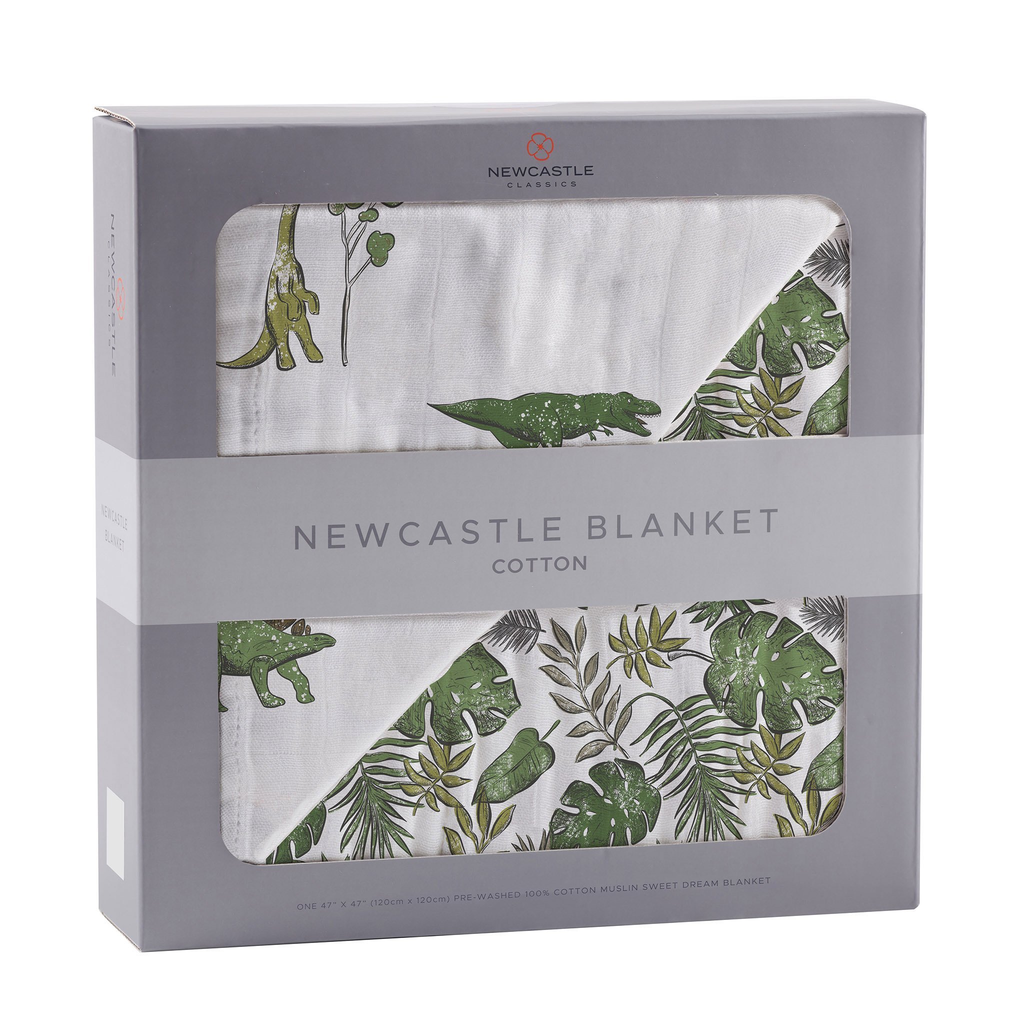 Dino Days and Tropical Forest Newcastle Blanket featuring vibrant dinosaur and tropical forest designs, made from soft natural cotton muslin.