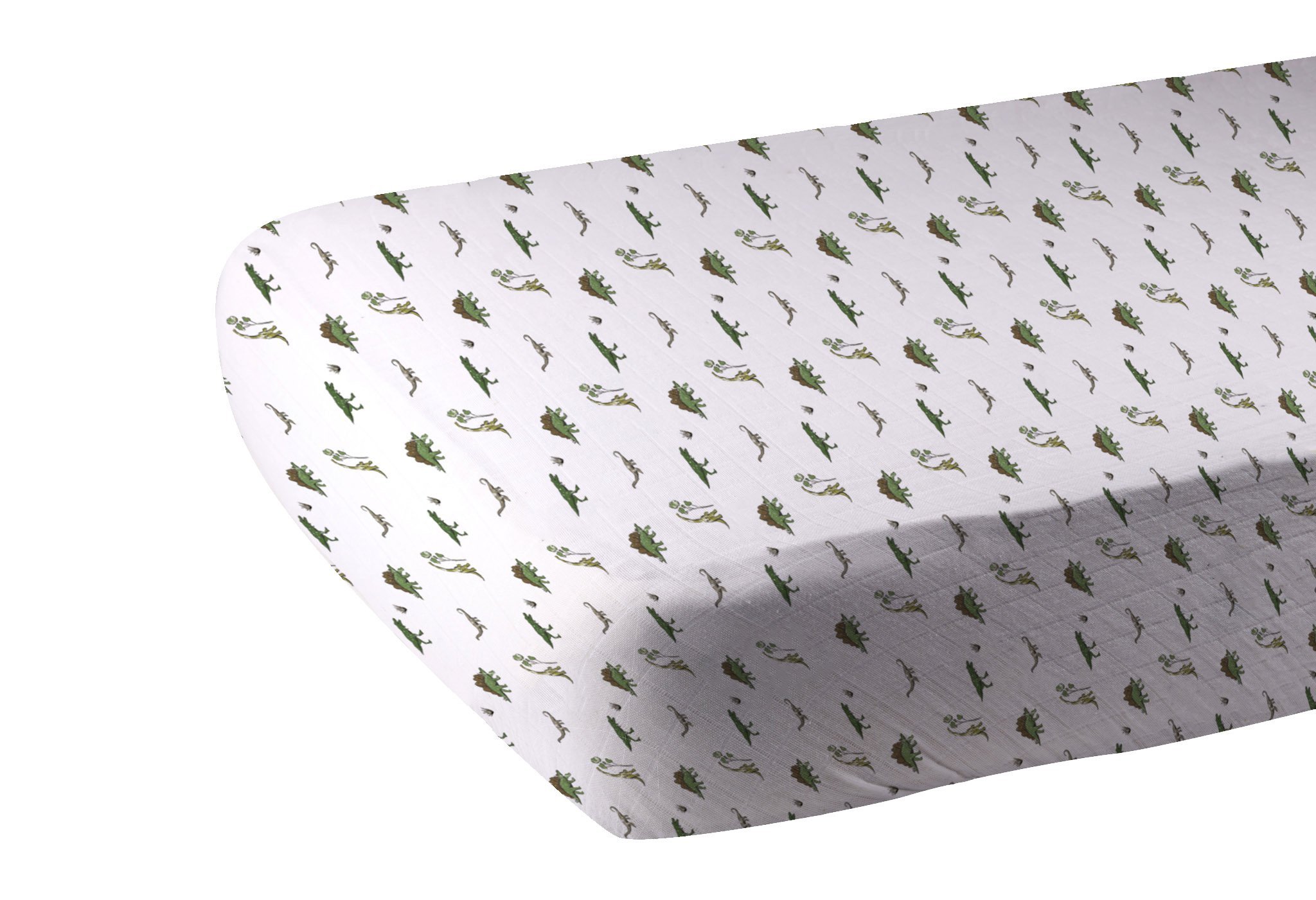 Dino Days Cotton Muslin Crib Sheet featuring playful dinosaur prints on soft, breathable fabric.