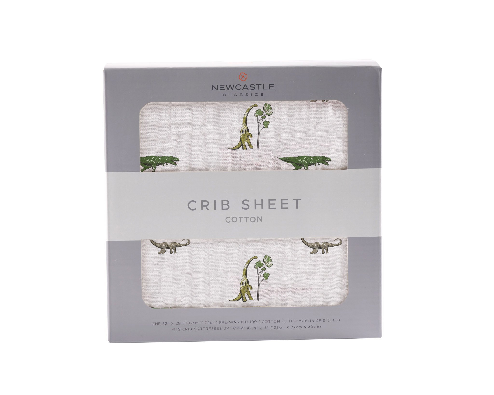 Dino Days Cotton Muslin Crib Sheet featuring playful dinosaur prints on soft, breathable fabric.