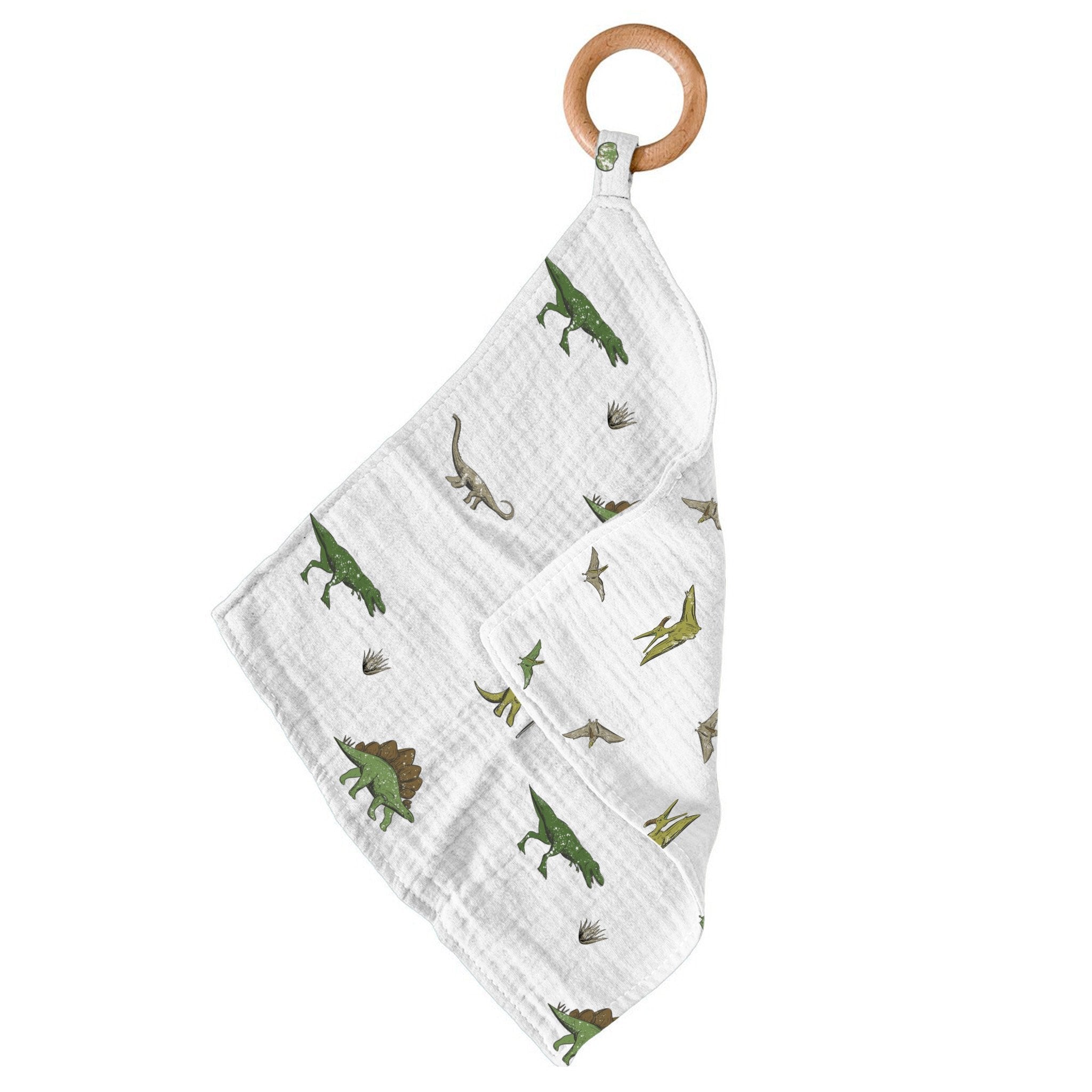 Dino Days & Pteranodon Blankie Teether featuring a soft cotton blankie and a removable beach wood ring.