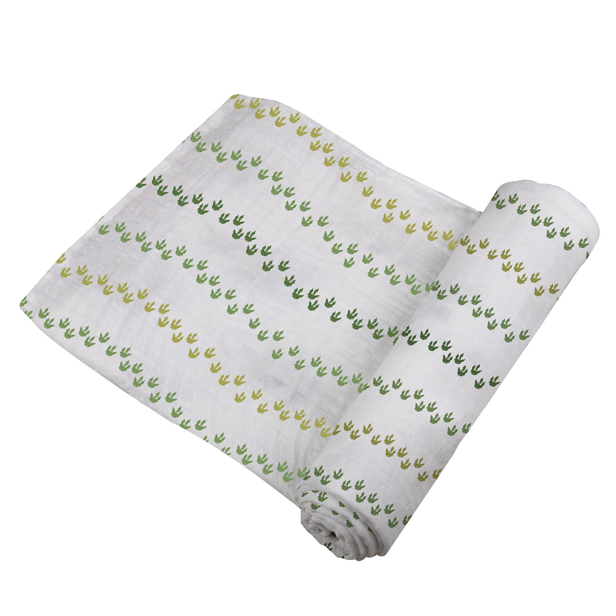 Dino Feet Cotton Muslin Swaddle featuring playful dinosaur prints on soft, breathable fabric, perfect for wrapping babies comfortably.