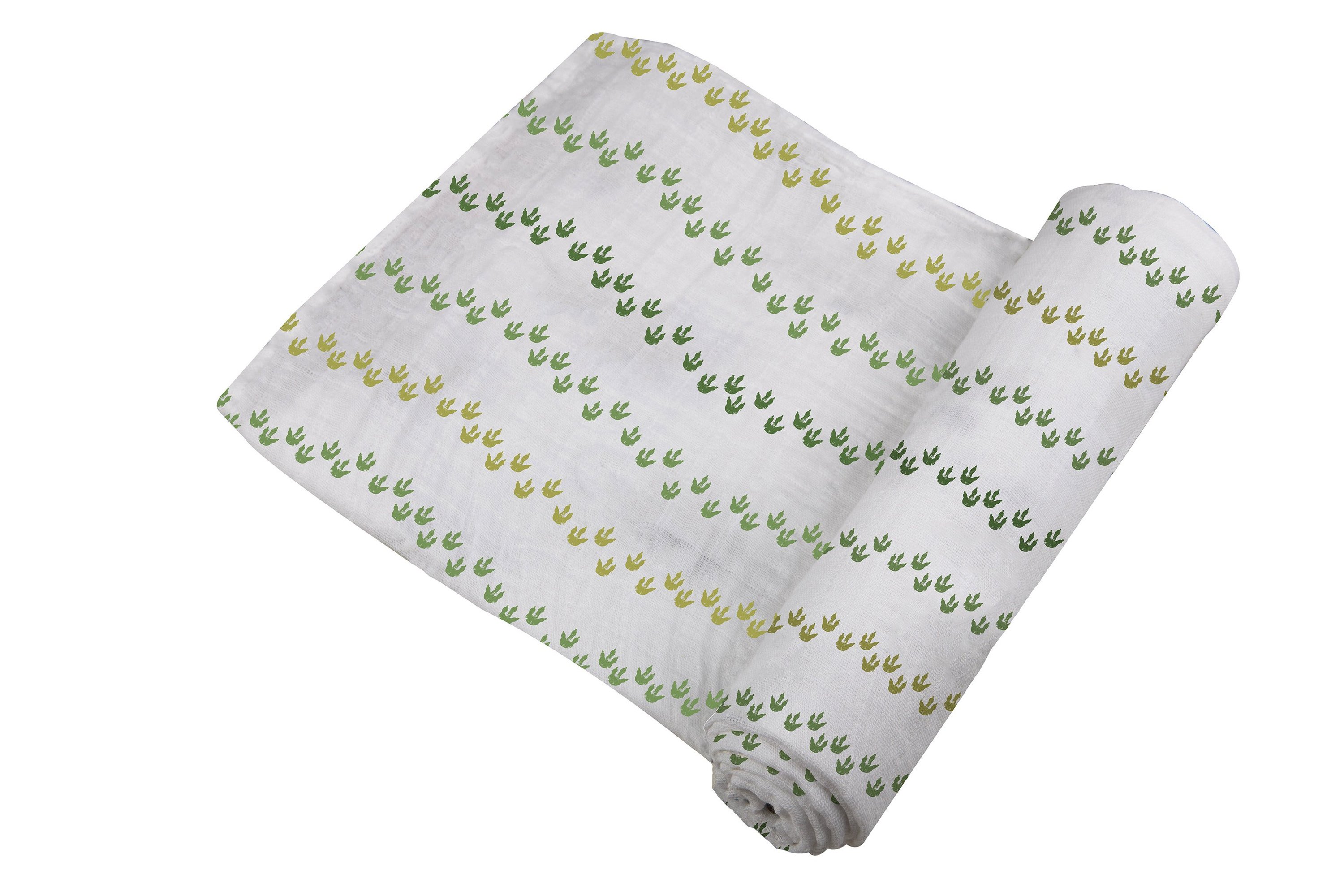 Dino Feet Cotton Muslin Swaddle featuring playful dinosaur prints on soft, breathable fabric, perfect for wrapping babies comfortably.