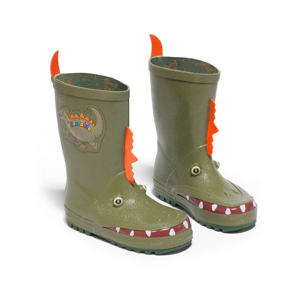 Kidorable Dinosaur Rain Boots featuring spikes, teeth, and scaly skin design, perfect for adventurous kids.