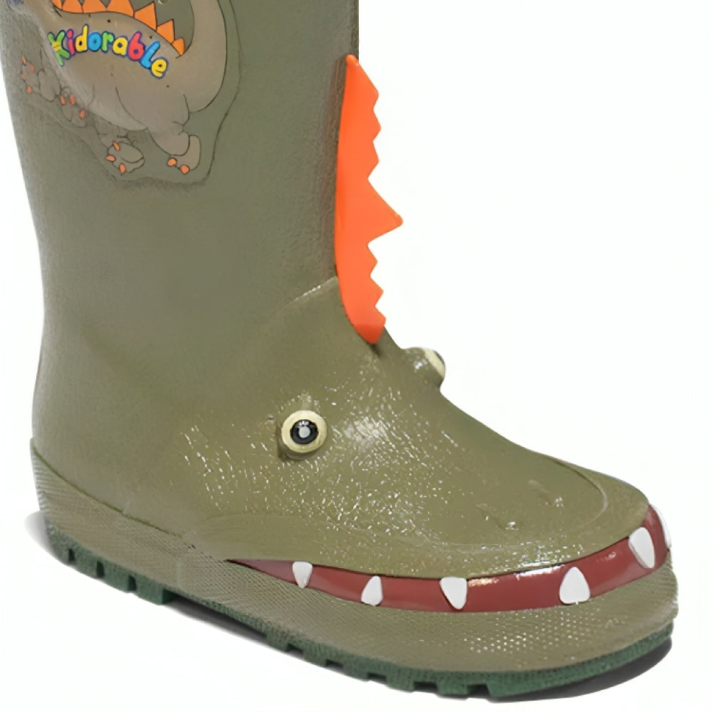 Kidorable Dinosaur Rain Boots featuring spikes, teeth, and scaly skin design, perfect for adventurous kids.